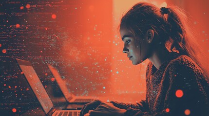 Woman Working on Laptop in Red Neon Light with Digital Overlay