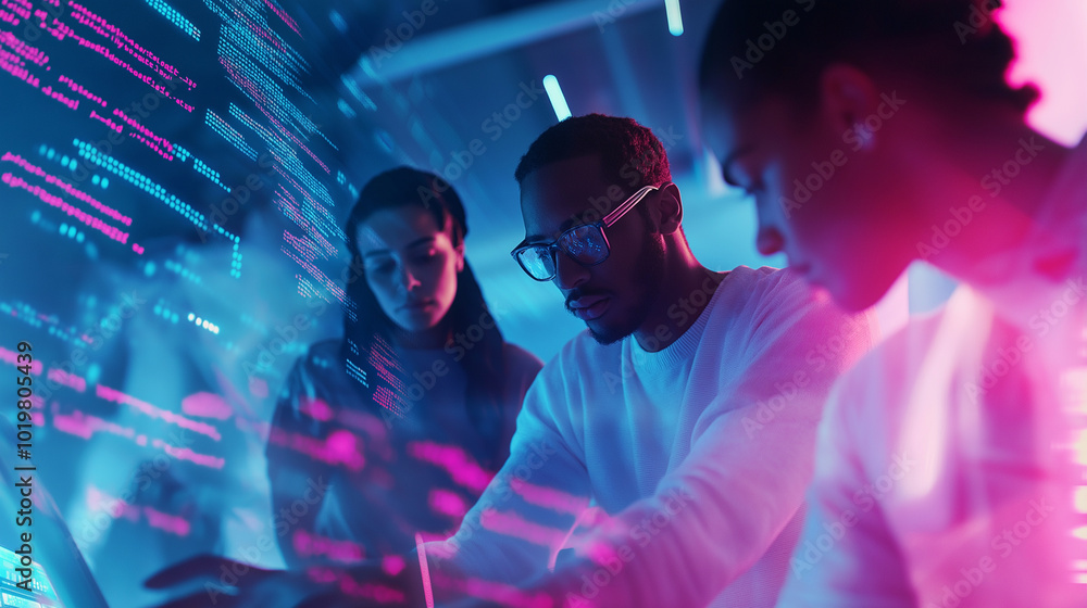 Two people wearing futuristic AR glasses, interacting with a digital ...