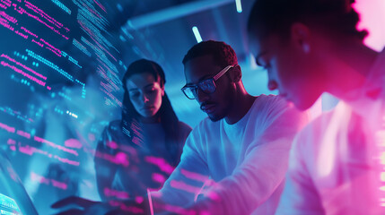two people wearing futuristic ar glasses, interacting with a digital interface of glowing data strea