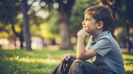 Happy Boy Sitting and Reflecting Alone in the Park







