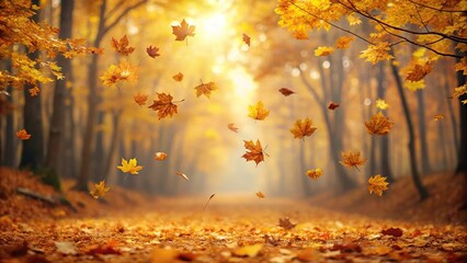 Poster - Autumn background with falling golden leaves in forest