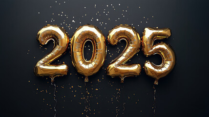 On a dark background, colorful party balloons text 2025 and streamers celebrate the new year. Ideal for celebrations, party decorations, and festive designs.