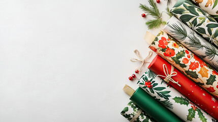 Wall Mural - Rolls of wrapping paper with festive designs on white background with copy space for christmas.