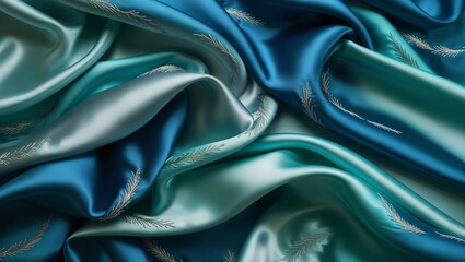 Canvas Print - Close up of silky blue and green fabric with silver embroidery.