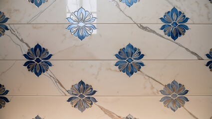 Canvas Print - Blue and gold floral pattern on white marble tile.