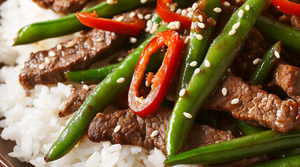 A plate of beef stir-fry with green beans and red peppers, served over a bed of white rice.