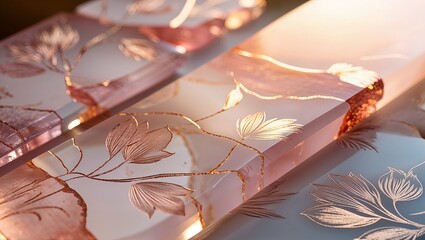 Canvas Print - Close-up of pink and gold glass with etched floral design.