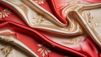 Sticker - Close-up of red and gold fabric with an ombre effect and embroidered flowers.