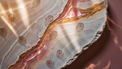 Sticker - Close-up of a white agate slice with gold peacock feathers.