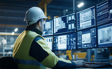 A factory worker monitoring multiple screens filled with data in an industrial control room.