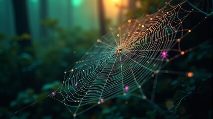 spider web with the sun shining through it.