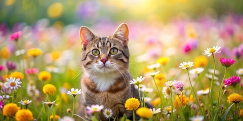 Beautiful spring flowers with adorable smiling cat , spring, flowers, cat, cute, smile, happy, nature, pet, animals, floral, bright