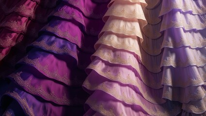 Poster - Close-up of a layered purple and pink dress with embroidered details.