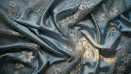 Canvas Print - Blue satin fabric with white floral embroidery. The fabric is draped and folded for a luxurious look.