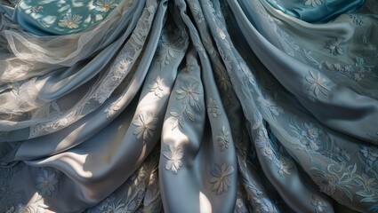 Wall Mural - Close-up of a light blue satin fabric with delicate white floral embroidery.