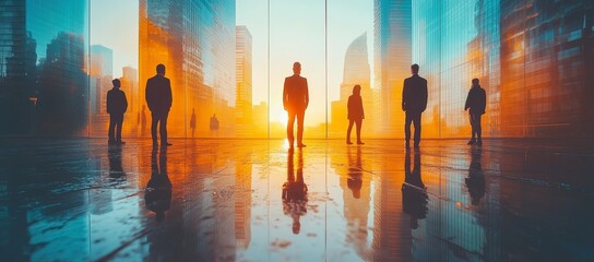 Business people stand in office buildings with urban backgrounds, showcasing a dual exposure effect, highlighting cooperation and team spirit, and reflecting a vibrant business environment.