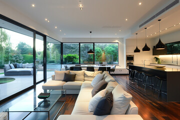 interior design concept. Open-plan living room with a seamless flow to the kitchen, featuring a modular sofa, sleek glass coffee table, and pendant lighting over a large dining table.