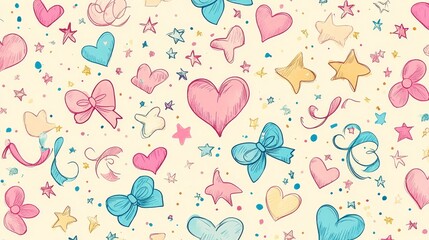 Seamless pattern, including soft heart, star, and vortex patterns, mixed with delicate ribbon and bow graffiti, using soft and warm tones to create a sweet and simple design style.