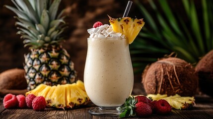 A refreshing tropical smoothie made with pineapple and coconut, served in a clear glass with a straw, with fresh fruits scattered on the side