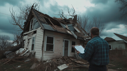 A man inspecting and taking notes in front of a severely damaged house after a disaster.