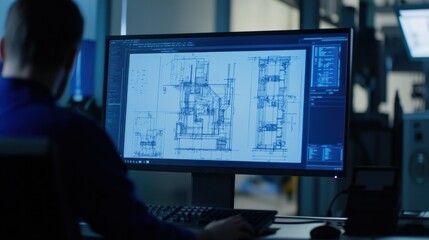 Engineer reviewing blueprints on computer