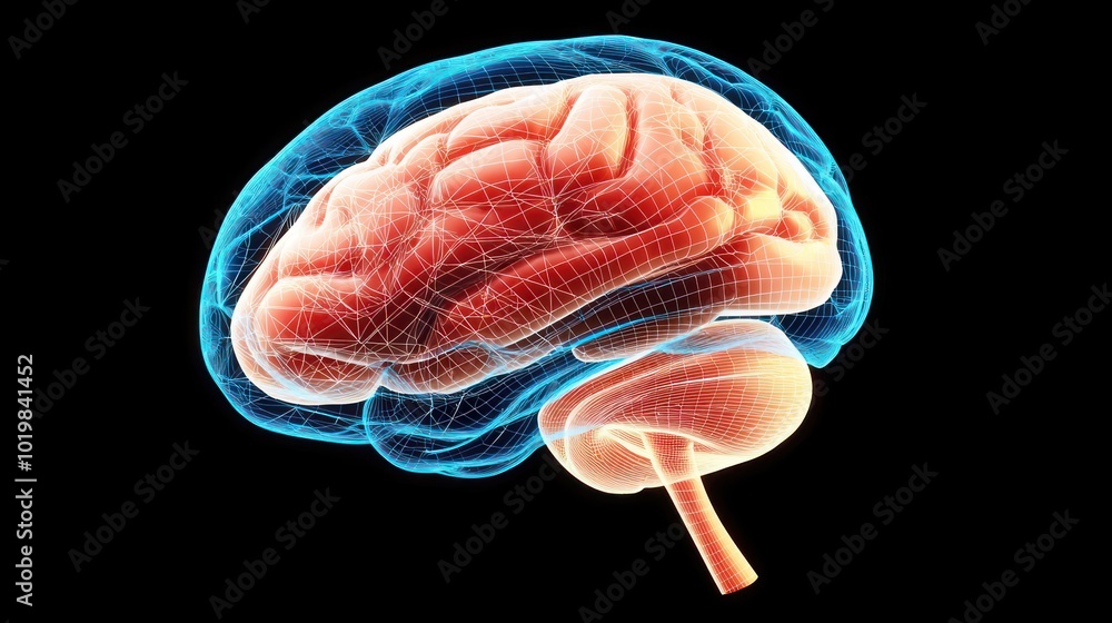 Illuminated X-ray Visualization of Human Brain in Blue Wireframe ...