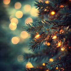 a close-up of a christmas tree with lush green branches, softly illuminated by warm, glowing fairy l