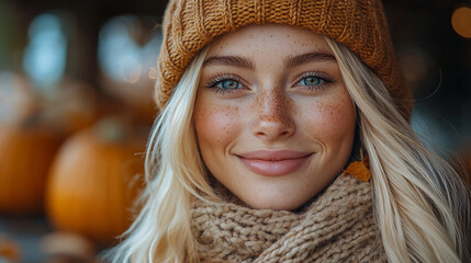 woman smiles joyfully while holding a vibrant pumpkin, embodying the spirit of autumn and celebration, with warmth and charm radiating through her expression