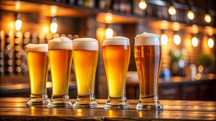 Four glasses of beer on a bar counter , beer, pub, alcohol, drink, bar, cheers, celebration, socializing, night out, refreshment