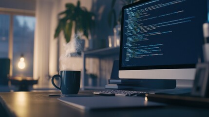 Coding Workspace with Hot Coffee
