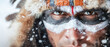 © Chaiwit - striking portrait of Native American man adorned with tribal face paint and traditional attire, set against snowy backdrop. His intense gaze and snowflakes create powerful and evocative atmosphere
