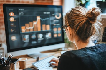 Wall Mural - Woman analyzing data on computer screen in modern office setting.