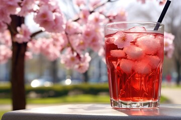 Refreshing Drink with Cherry Blossoms in Background