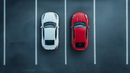 
Two cars parked in the parking lot, top view, one white and the other red