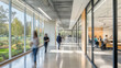 © Curioso.Photography - Blurred business professionals walking through a bright and modern office lobby.