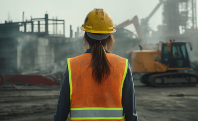 Female engineer overseeing a large construction site with cranes and heavy machinery.
