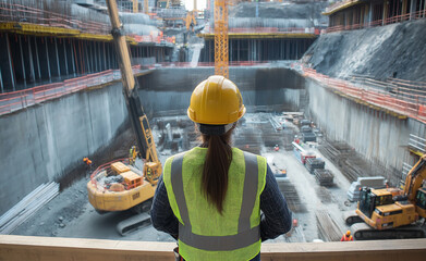 Female engineer overseeing a large construction site with cranes and heavy machinery.
