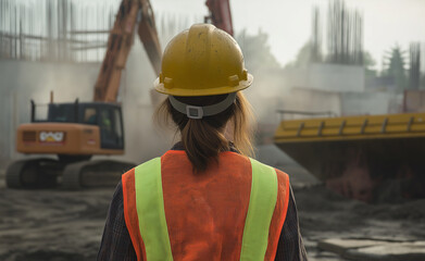 Female engineer overseeing a large construction site with cranes and heavy machinery.
