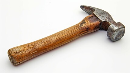 Worn Hammer with Wooden Handle on a White Background