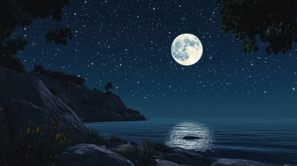 Wall Mural - a clear night sky filled with stars and a bright full moon, illuminating a calm sea below.