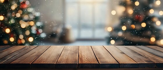 Wall Mural - empty wooden table top with warm living room decor, christmas tree, string lights, and snowy backgro