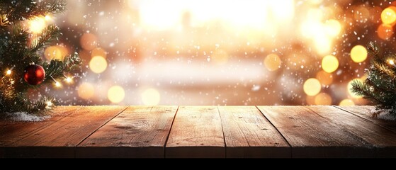 Wall Mural - empty wooden table top with warm living room decor, christmas tree, string lights, and snowy backgro