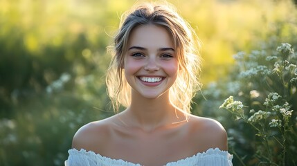 Joyful Young Blonde Woman Smiling with Blossoming Flowers in Sunny Summer Meadow