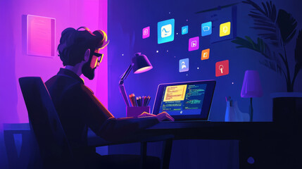 A programmer works late into the night, coding on their laptop. They're creating a website or app, with icons floating above the keyboard.