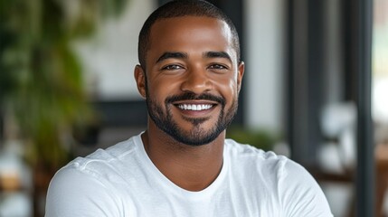 A man with a big smile on his face is wearing a white shirt