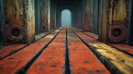 Wall Mural - A wooden walkway leading to a bright light at the end of a tunnel.