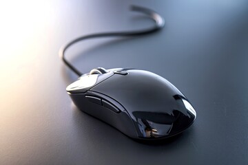 a sleek, glossy computer mouse with a cord attached to it
