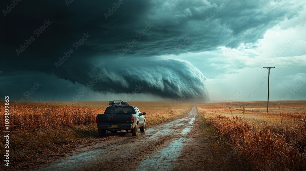 A storm chaser vehicle parked on the side of the road, with a tornado ...
