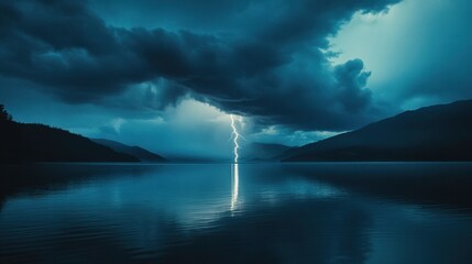 a thundercloud over a calm lake, with lightning striking and dramatic reflections on the water.
