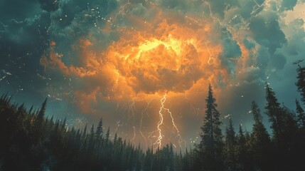 a thundercloud over a forested area, with lightning bolts striking through the trees.